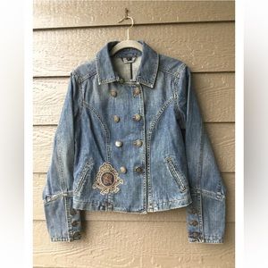 Express Jeans Denim Jacket Women Dark Blue Distressed double-breasted Button Up